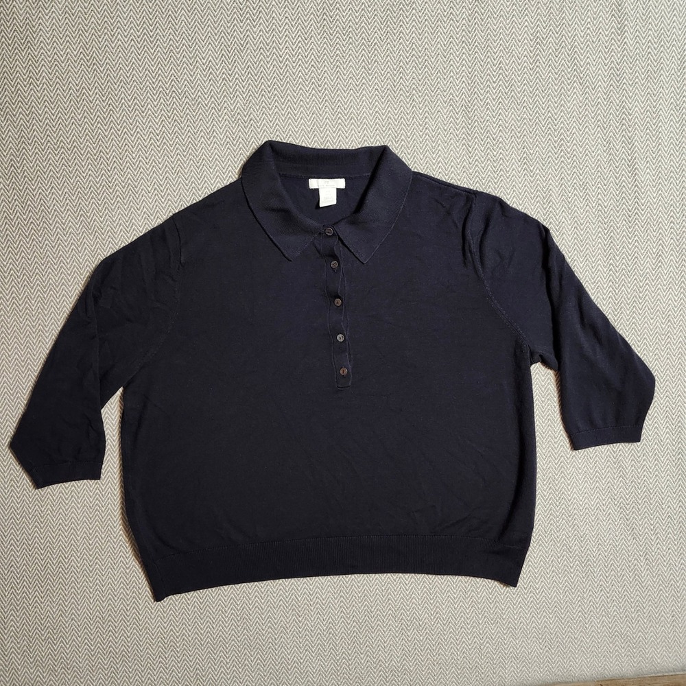 H&M Basics Navy Blue Knit Polo Sweater 3/4 Sleeve XL 0717664 9